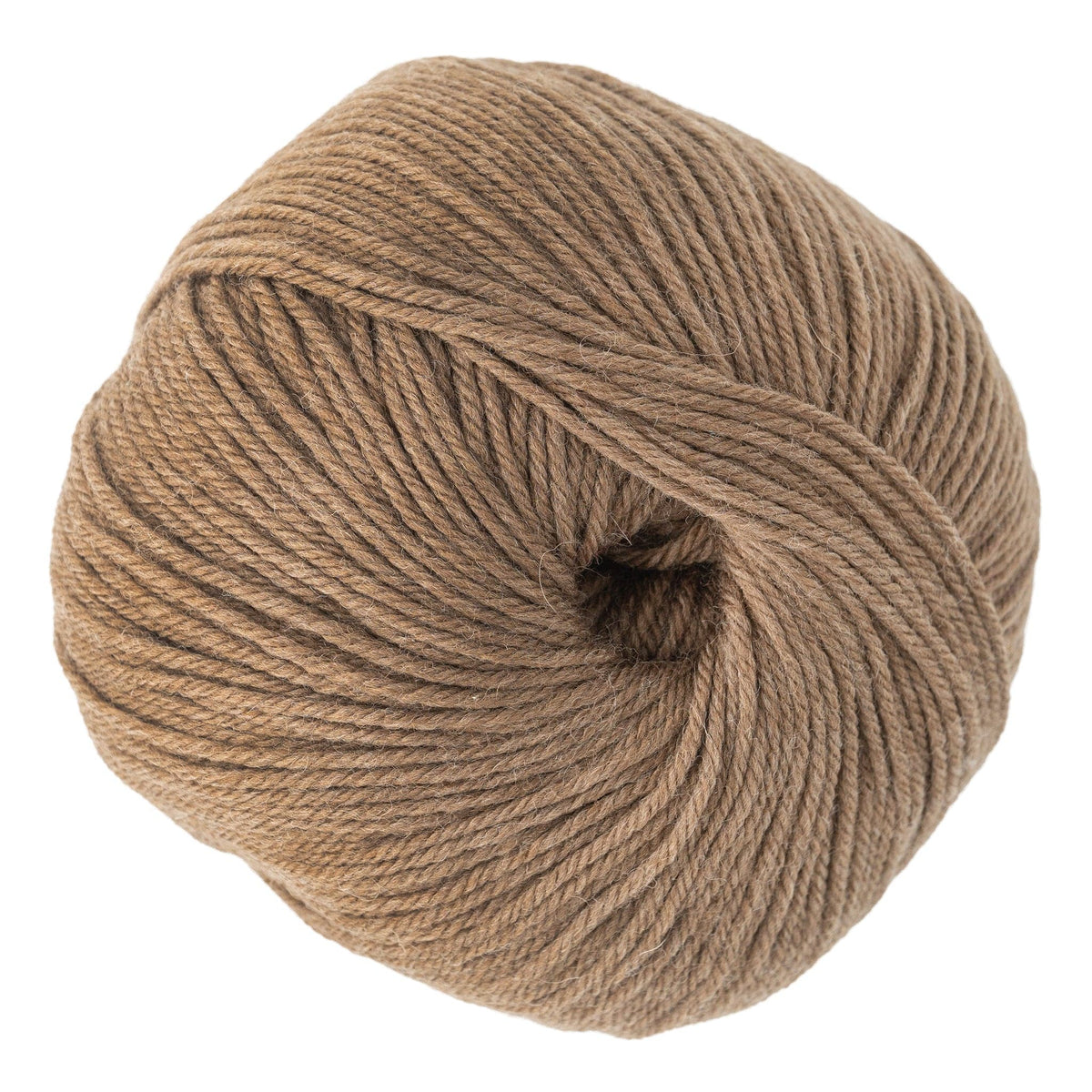A soft, light brown ball of Cascade 220 Superwash Wool Yarn by Cascade Yarns is neatly wound with the end tucked inside. This easy-care superwash merino is ideal for knitting or crocheting projects.