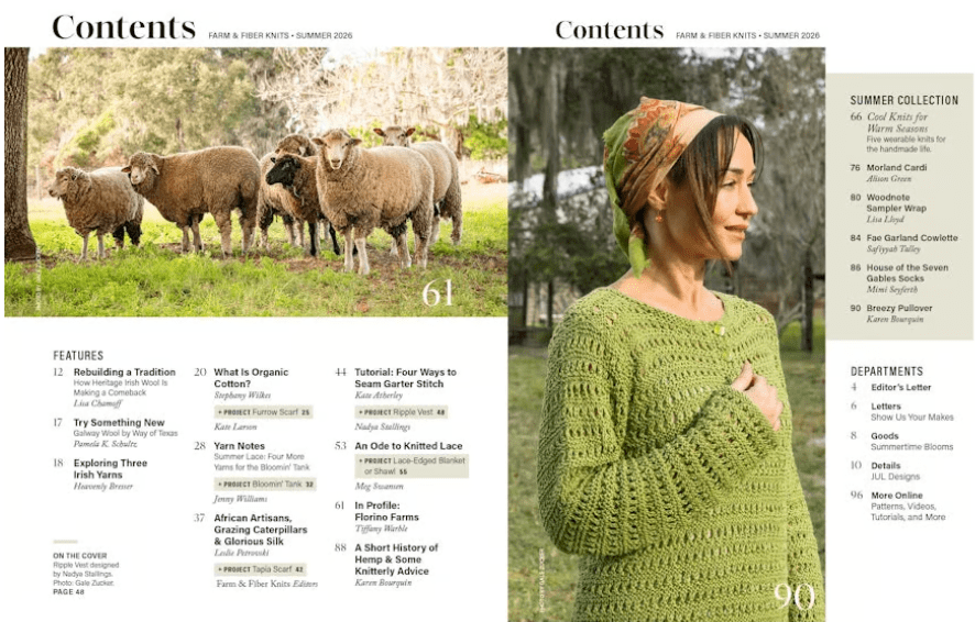 The contents page of Farm & Fiber Knits Magazine, Summer 2026 by Long Thread Media shows seven sheep on grass beside trees on the left, and on the right, a woman in a green organic cotton crocheted sweater and colorful headscarf outdoors.