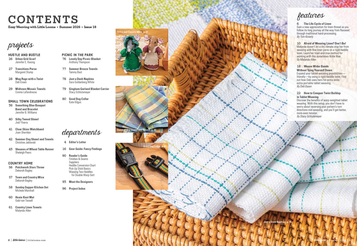 A close-up of three checkered tea towels in a wicker basket, overlaid with the contents page of Easy Weaving with Little Looms, Summer 2026 by Long Thread Media, listing weaving designs, project titles, departments, and craft images.