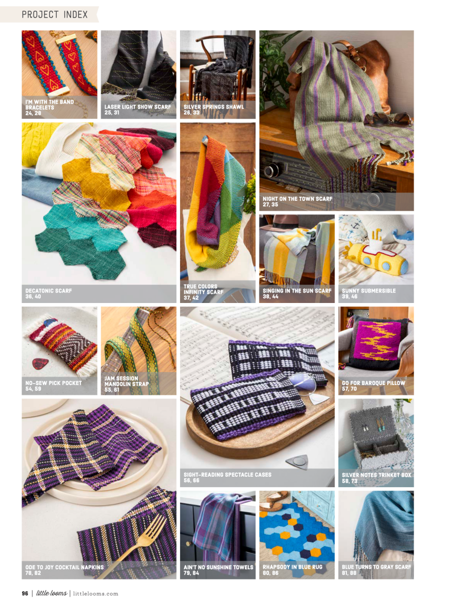 Easy Weaving with Little Looms, Fall 2026 by Long Thread Media features a grid index of colorful knitted, linen weaving, and woven items—shawls, scarves, bags, towels, cases, and a pillow—with names and page numbers on a light background.