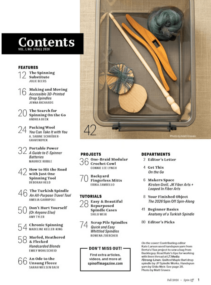 The contents page of Spin Off Fall 2026 by Long Thread Media features a tray displaying wooden knitting tools, a green yarn ball, and an unfinished knitted piece—providing ideal inspiration for fiber arts enthusiasts or anyone interested in portable spinning. Article titles and page numbers are clearly organized in columns.