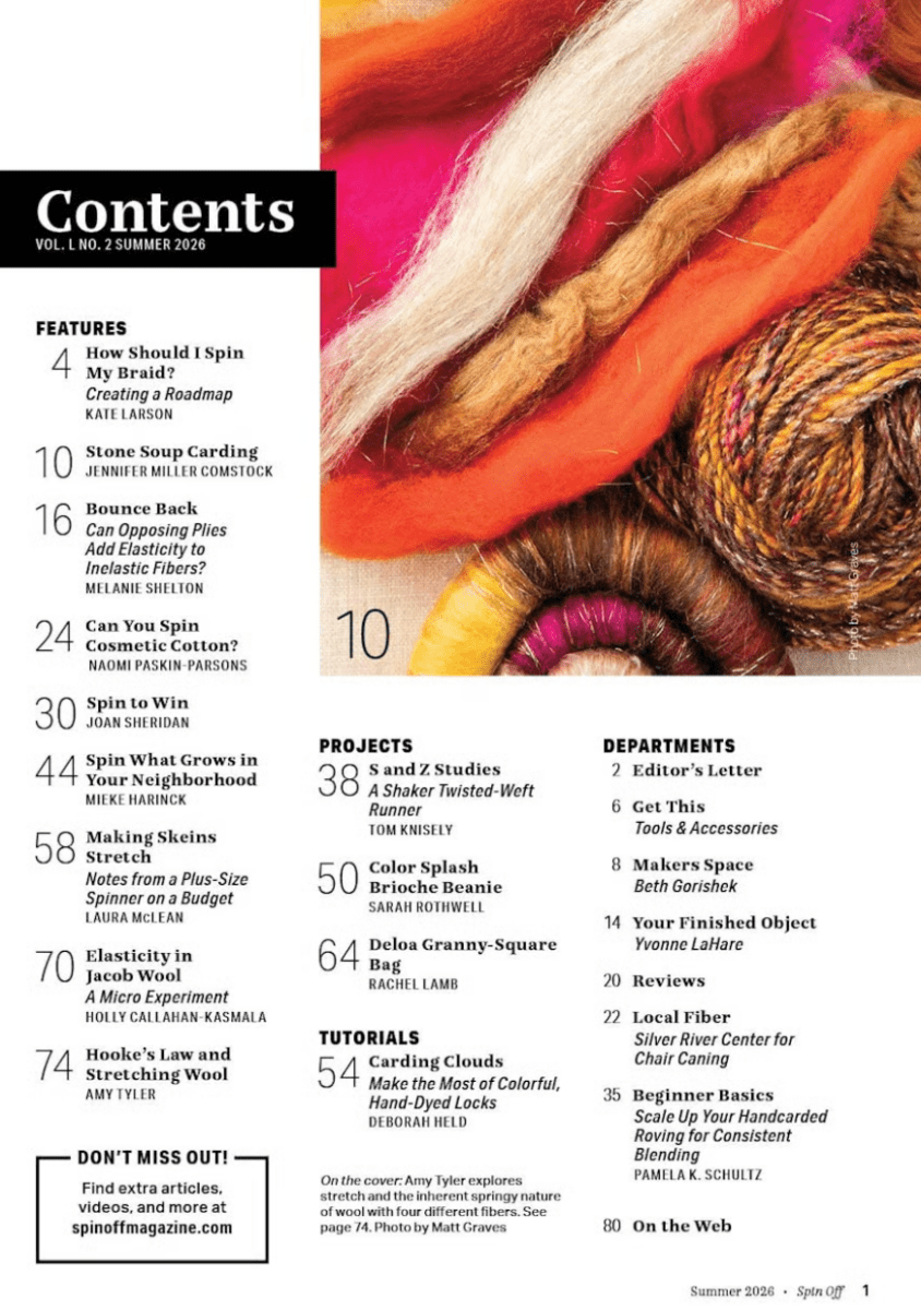The Spin Off Summer 2026 Magazine by Long Thread Media features vibrant wool and Angora on its contents page, listing Features, Projects, and Tutorials about spinning, dyeing, carding, fiber arts, and even elasticity experiments.
