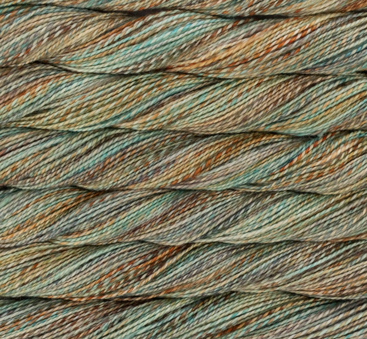 Close-up of Malabrigo Torzal hand-dyed, variegated sport weight yarn in shades of sage green, brown, and cream, twisted into multiple parallel strands.