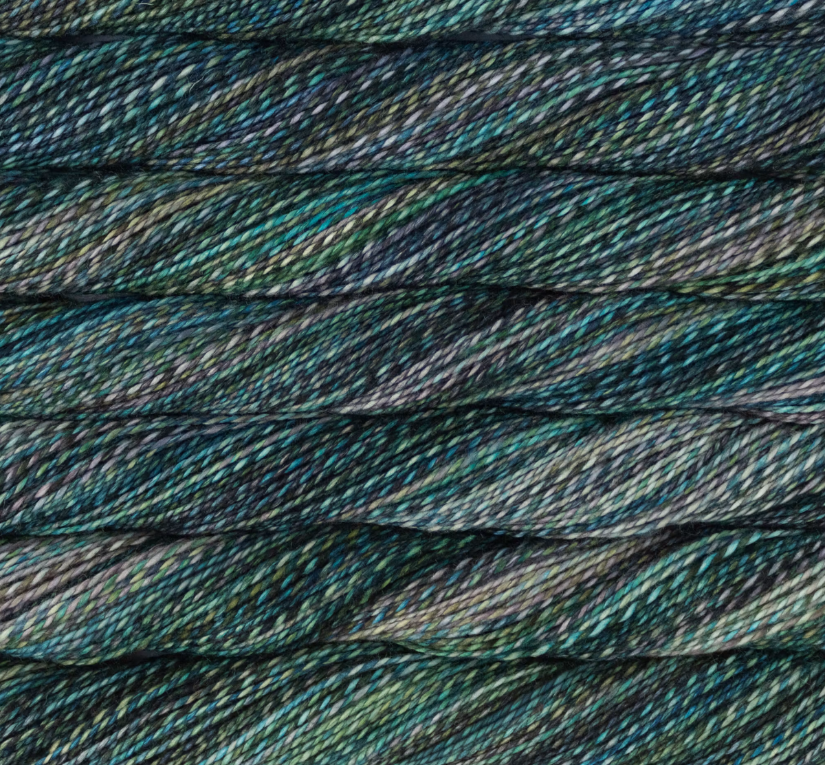 Close-up of a hand-dyed Malabrigo Torzal skein in sport weight, featuring a variegated blend of dark teal, forest green, grey, and black.