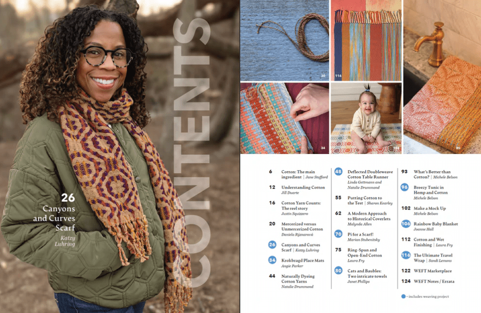 A smiling person with glasses and curly hair wears a vibrant woven scarf—possibly created using cotton weaving methods and natural dyes—and a green jacket. Beside them are small images showcasing weaving projects, spinning techniques, and the table of contents from WEFT - The Magazine for Handweavers, Issue 6, Autumn 2026: Cotton by PLY Magazine.