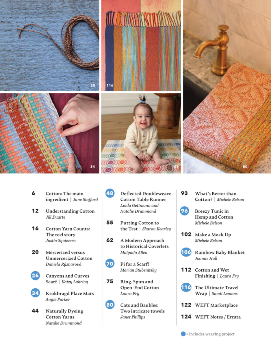 Discover the WEFT - The Magazine for Handweavers, Issue 6, Autumn 2026: Cotton by PLY Magazine—a contents page alive with vibrant woven textiles that celebrate exquisite cotton weaving. Playful imagery includes a baby on a handwoven rug and a finely crafted towel beside a brass faucet. A list of article titles and page numbers is featured, all reflecting the artistry of natural dyeing and traditional spinning techniques.