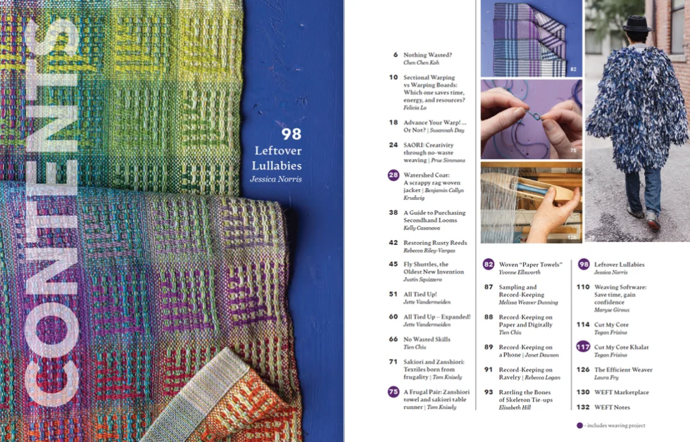 Contents page of WEFT - The Magazine for Handweavers, Issue 7, Winter 2026: No Waste, featuring a list of articles on the right and an image of colorful woven textiles on the left.