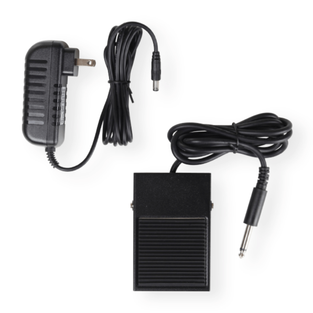 A black power adapter and footswitch pedal with ribbed surfaces and robust cables ending in a quarter-inch audio jack are shown beside an Ashford Wooden Ball Winder by Ashford Handicrafts Limited, set on a white background.