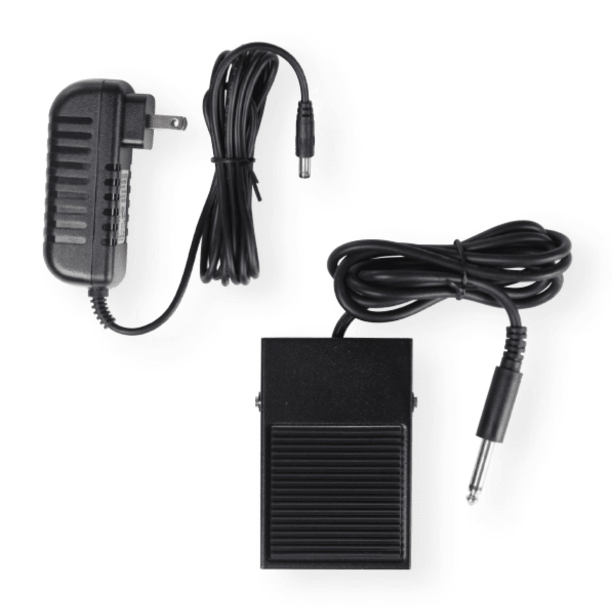 A black power adapter and footswitch pedal with ribbed surfaces and robust cables ending in a quarter-inch audio jack are shown beside an Ashford Wooden Ball Winder by Ashford Handicrafts Limited, set on a white background.