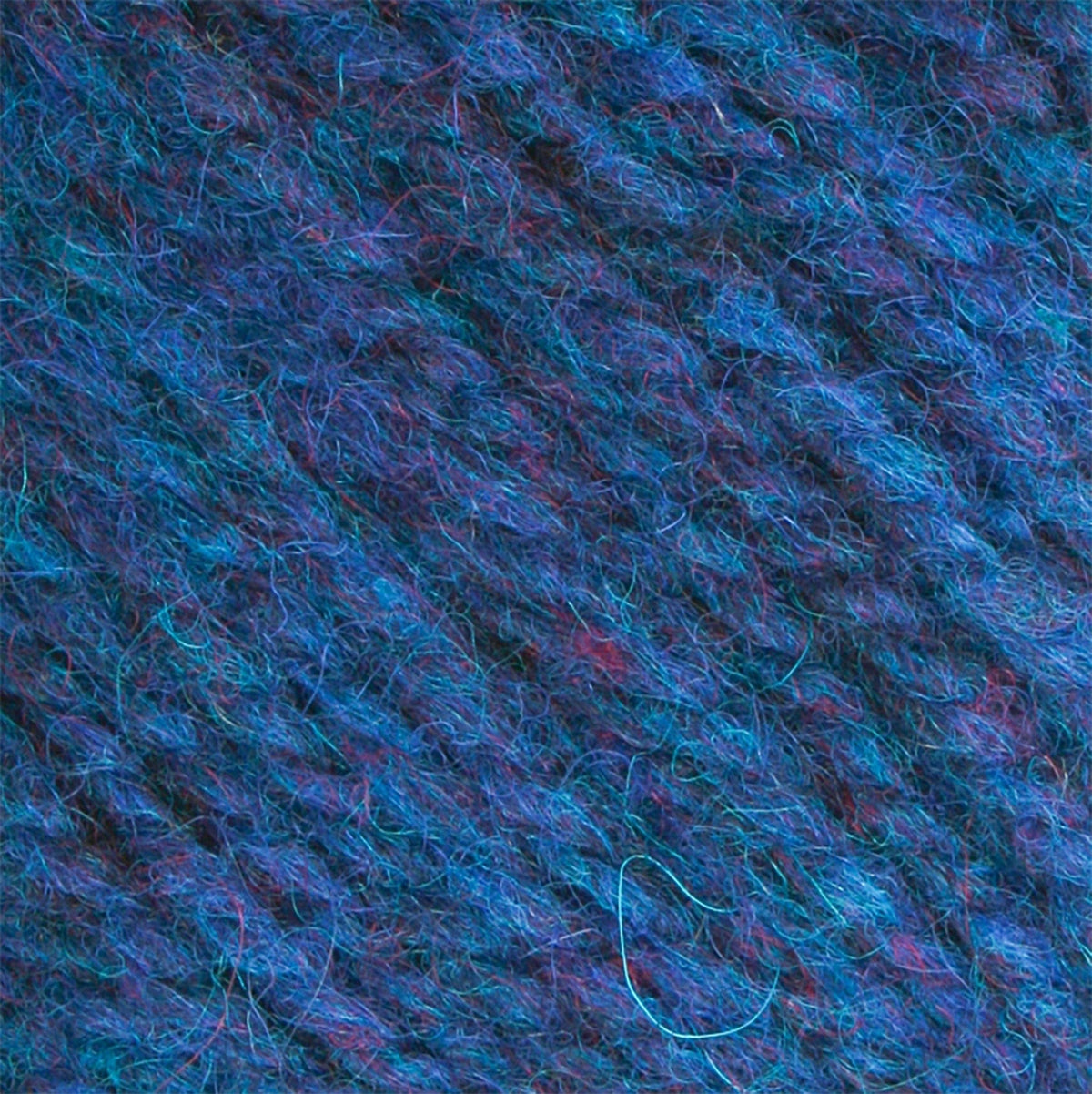 Close-up of Bartlettyarns Maine Wool Yarn (Fisherman 2-Ply) by Bartlettyarns in blue and purple, featuring a soft, fuzzy texture with diagonal twists. Colors blend richly with hints of pink and teal for a variegated effect.