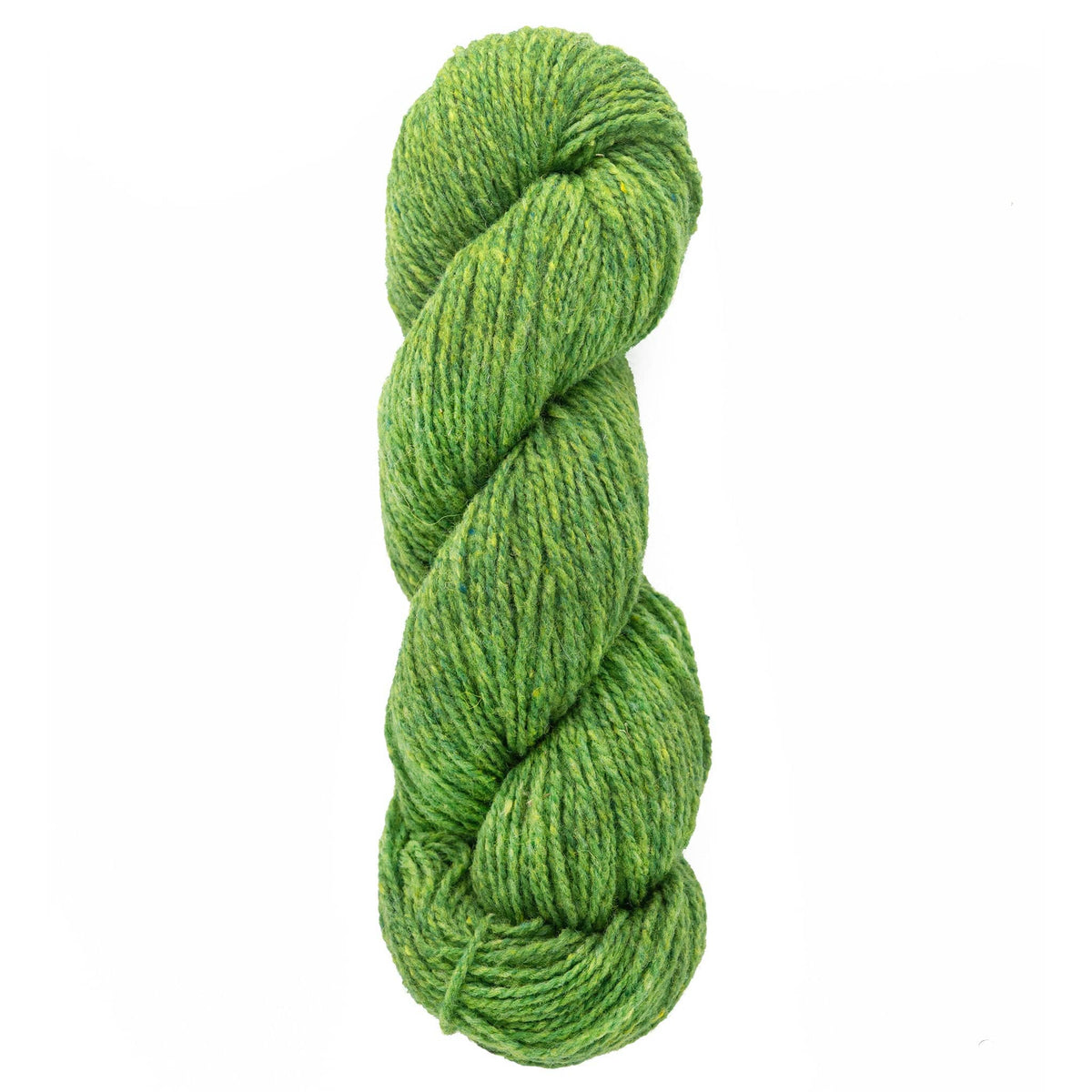 A skein of Bartlettyarns Maine Wool Yarn (Fisherman 2-Ply) by Bartlettyarns in green is twisted into a coil shape against a white background.