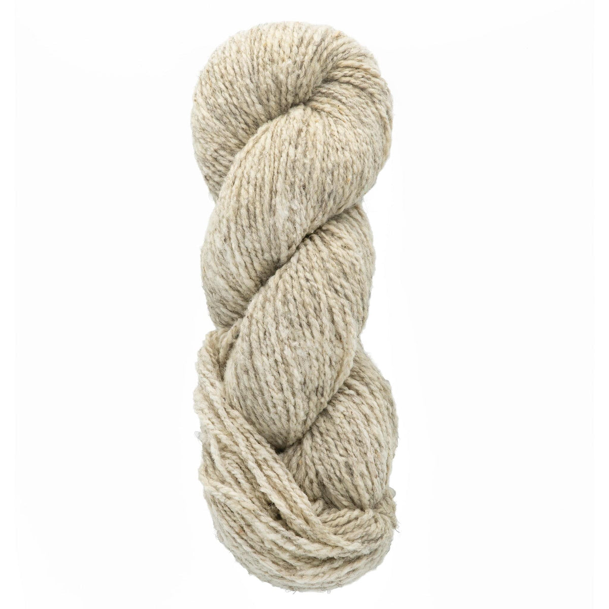 A skein of Bartlettyarns Maine Wool Yarn (Fisherman 2-Ply) by Bartlettyarns, in natural undyed beige and worsted weight, tightly twisted into a coil against a plain white background.