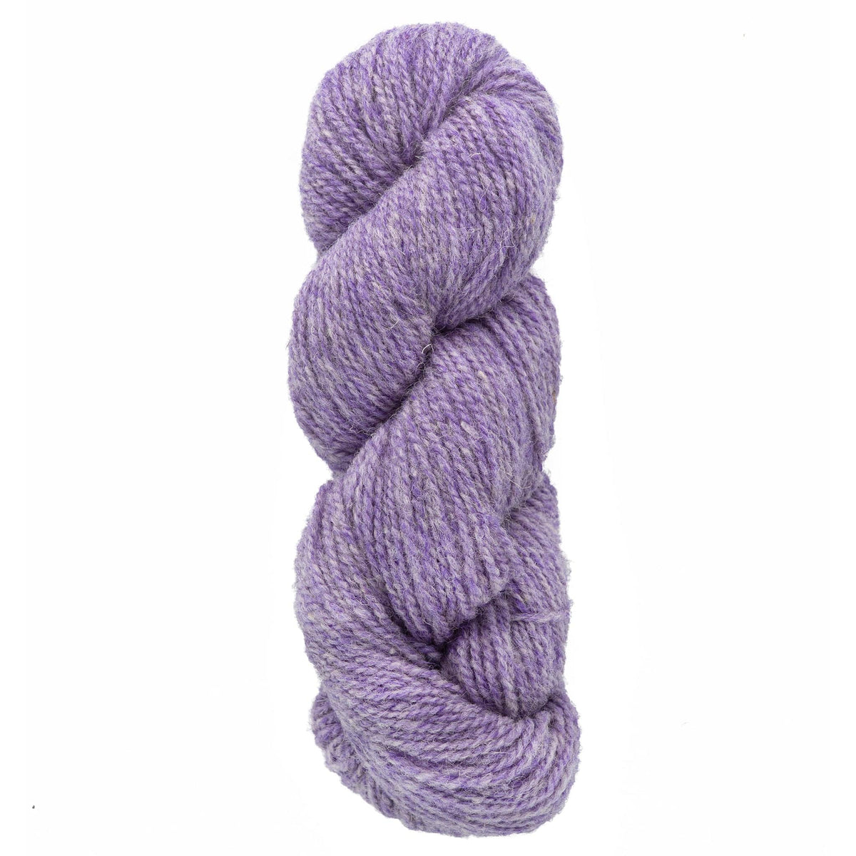 A skein of Bartlettyarns Maine Wool Yarn (Fisherman 2-Ply) in lavender purple is twisted into a neat coil, showcasing its soft, textured worsted weight against a plain white background.