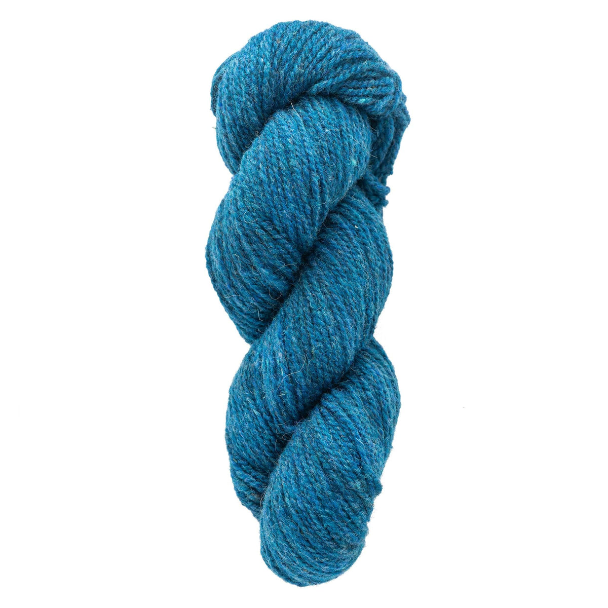 A skein of Bartlettyarns Maine Wool Yarn (Fisherman 2-Ply) by Bartlettyarns, in blue worsted weight, is twisted into a thick, neat coil and isolated on a white background.