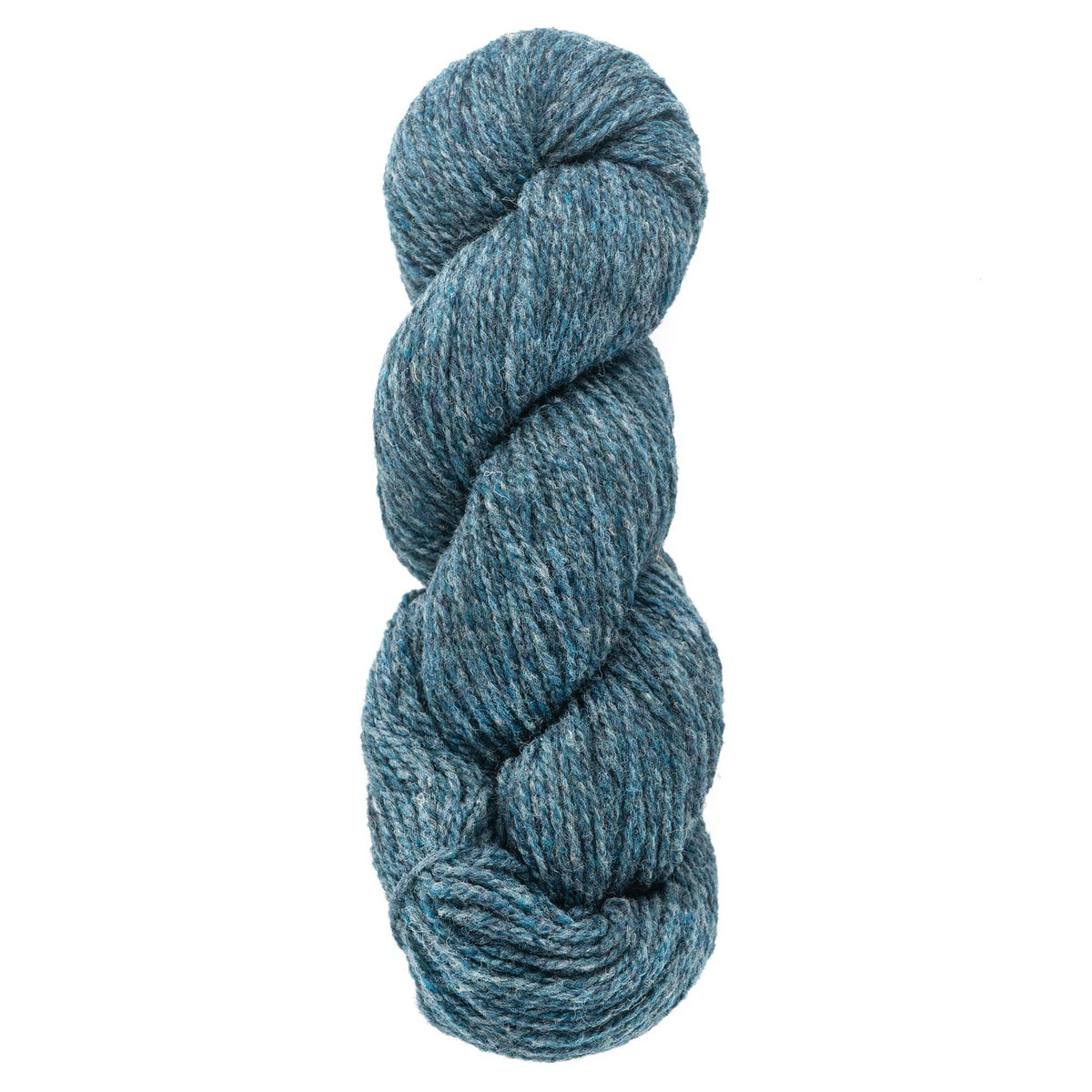 A skein of Bartlettyarns Maine Wool Yarn (Fisherman 2-Ply) by Bartlettyarns in blue-gray, worsted weight, twisted into a neat coil and shown on a white background.