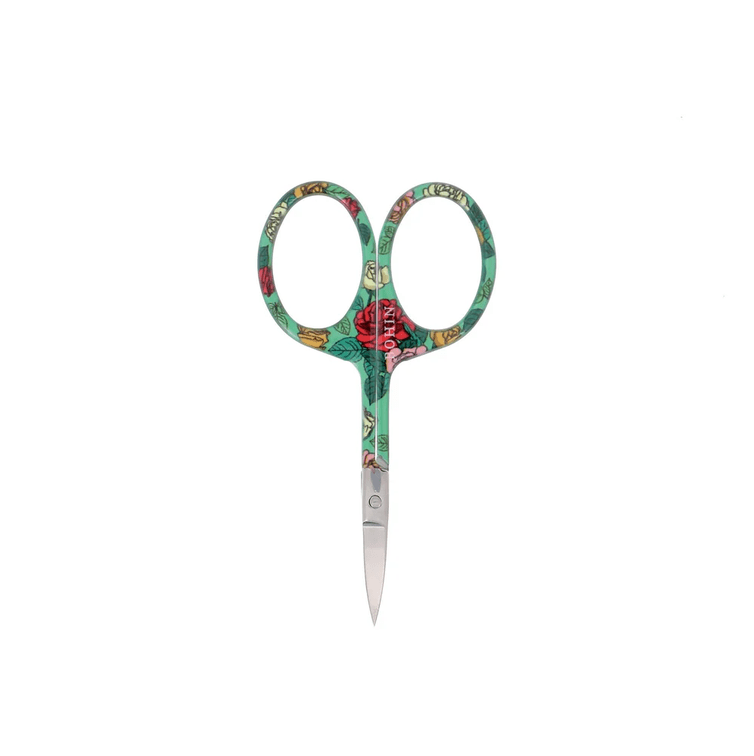 The Small Floral Scissors, 4" (flat tip) by Bryson Distributing, Inc. feature green handles with a vibrant red and yellow floral design and pointed silver blades. Shown against a plain white background.