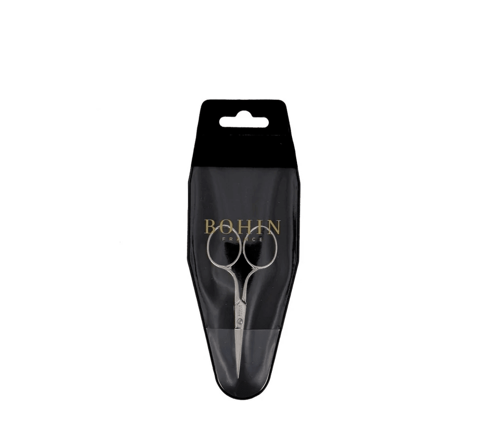 A pair of Standard Silver Embroidery Scissors, 3.5" (9 cm), from Bryson Distributing, Inc., features rounded tips and comes in a black transparent pouch with a hanging hole—ideal for precise thread cutting.