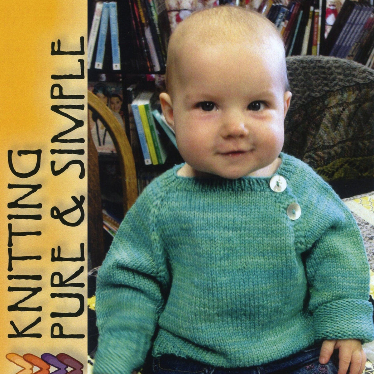 A baby in a light blue sweater with shoulder buttons sits before bookshelves. Left text: Bryson Distributing, Inc.—Button Front Baby Pullover, print—a charming knitting pattern for hand painted yarn.