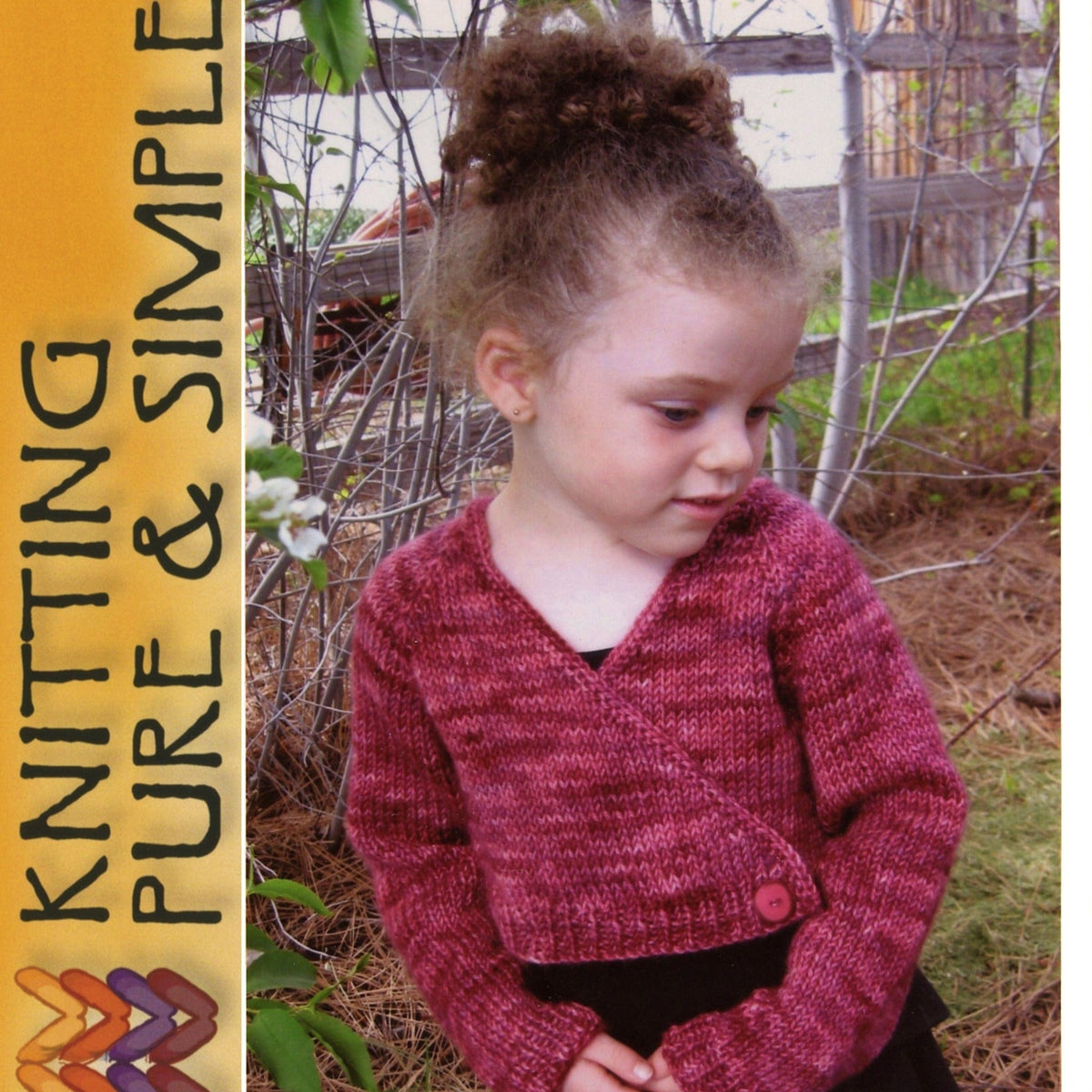 A young girl wears the Girl's Ballet Cardigan Sweater by Bryson Distributing, Inc. outdoors near trees. A yellow panel on the left features "KNITTING PURE & SIMPLE" and a yarn graphic.