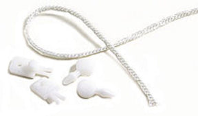 Displayed on a white surface are components from the Glimakra Texsolv Tie-Up Kits: a white polyester loop cord and four small white plastic cord locks, designed for efficient loom tie-up.