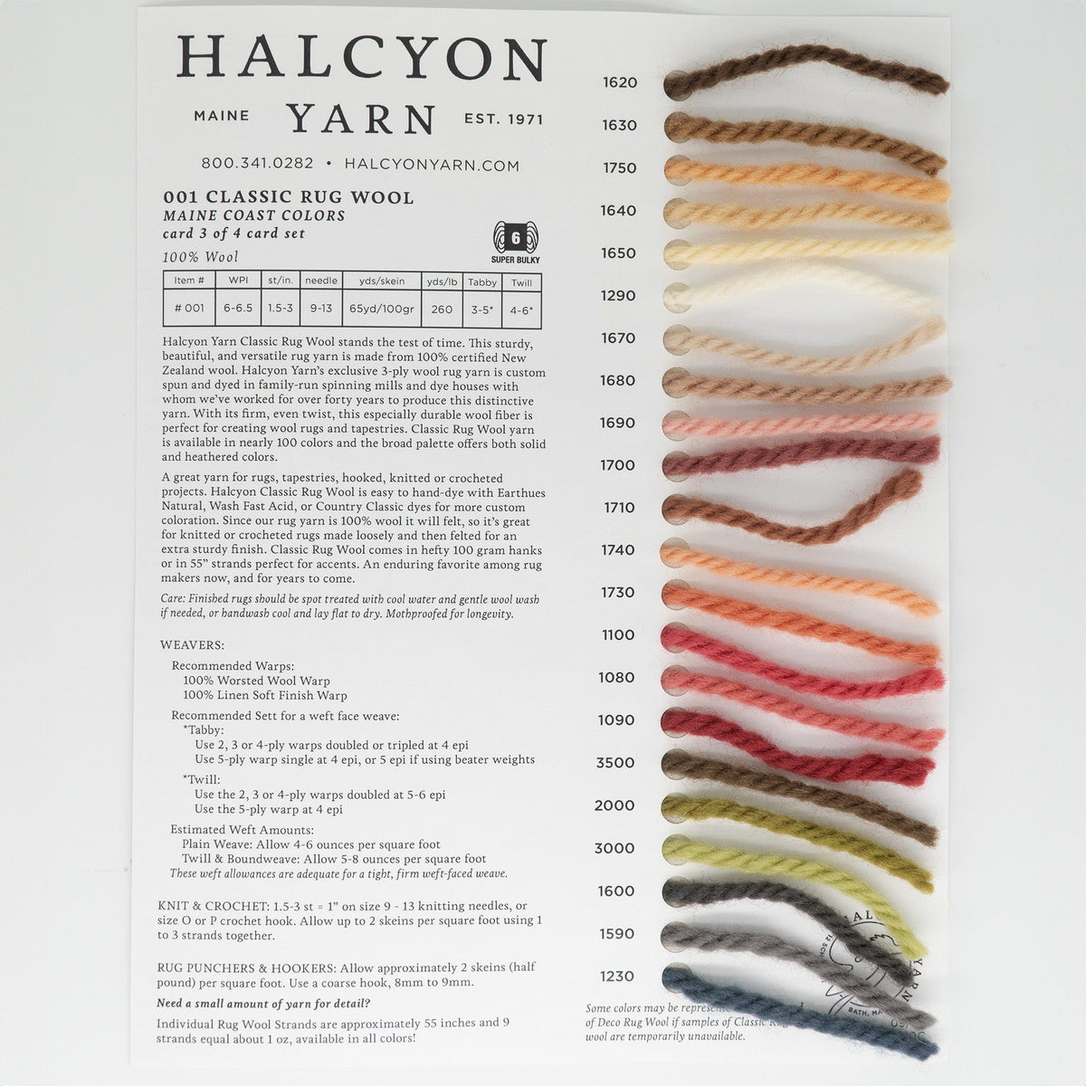 The Halcyon Yarn Classic Rug Wool Sample Card is ideal for rug makers, featuring rich colors and yarn samples with names and codes ranging from 1620 to 1730, along with weaving yardages, gauge, needle sizes, and contact info.