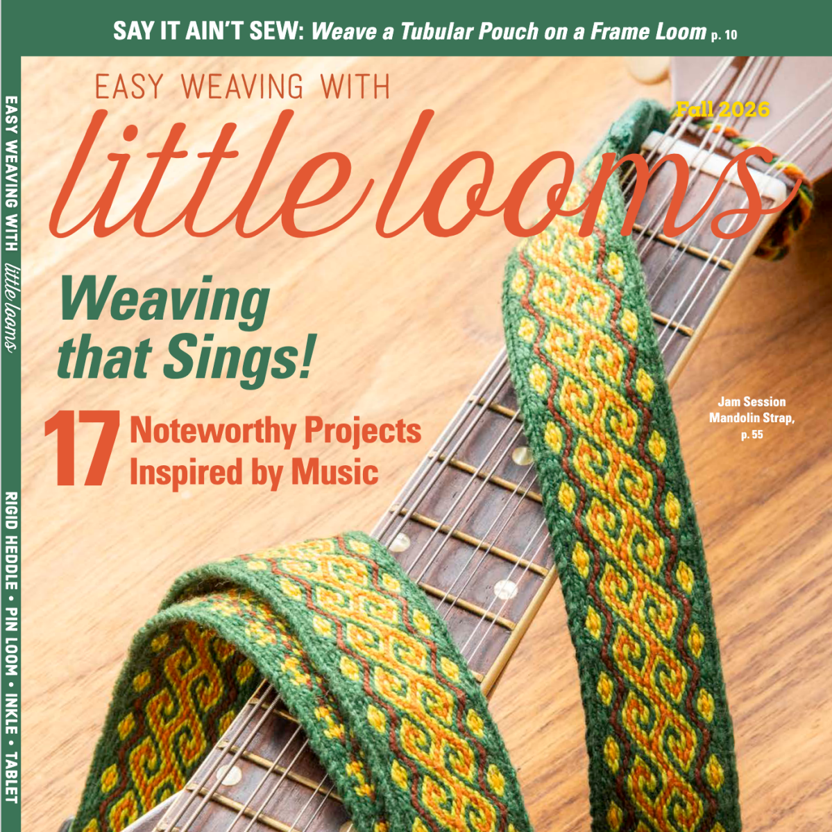 Magazine cover of 'Easy Weaving with Little Looms' featuring a guitar strap on a wooden surface.