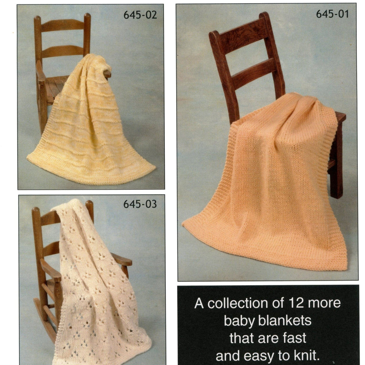 Three wooden chairs display "Encore Worsted 8 Hour Choices" baby blankets by Plymouth Yarn Co., in soothing cream and yellow patterns, each lovingly crafted by skilled knitters. Caption: "A collection of 12 quick-knit blankets using worsted weight yarn.