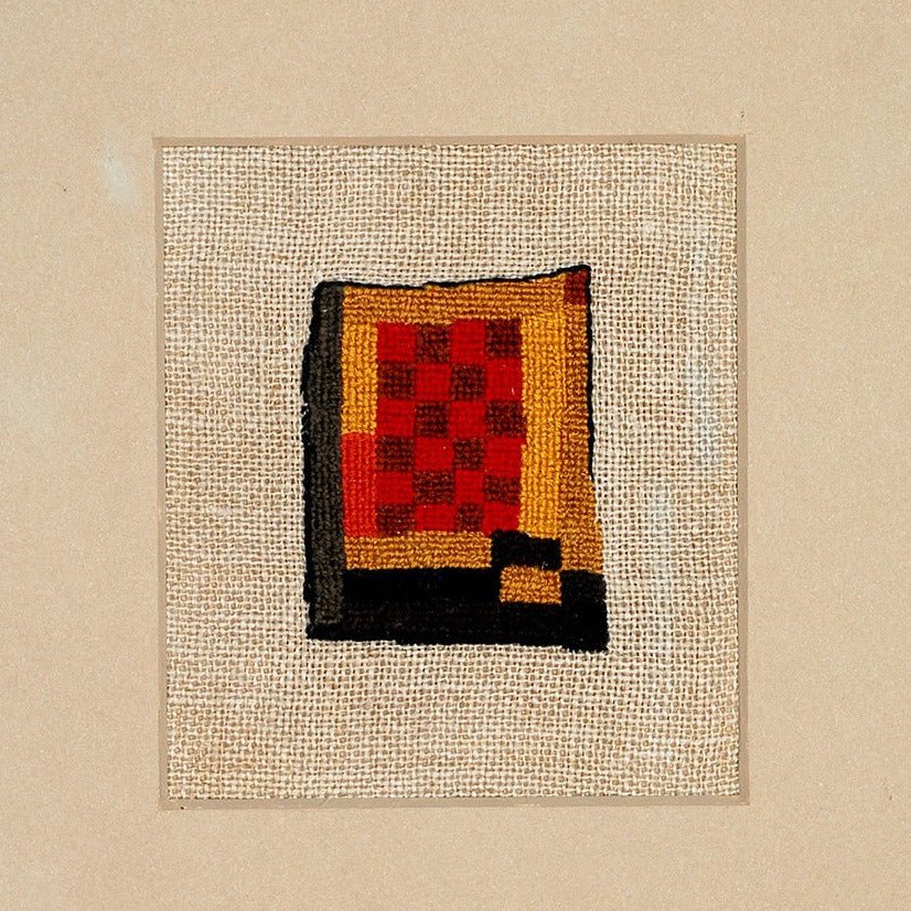 Miniature Echoes: Through the Art of the Gee's Bend Quiltmakers (Halcyon Yarn) features a small textile with a red & orange checkerboard and black/yellow borders on coarse beige, framed in tan. Artist Talk & Exhibit with Susan Hess, July 2, 2026.