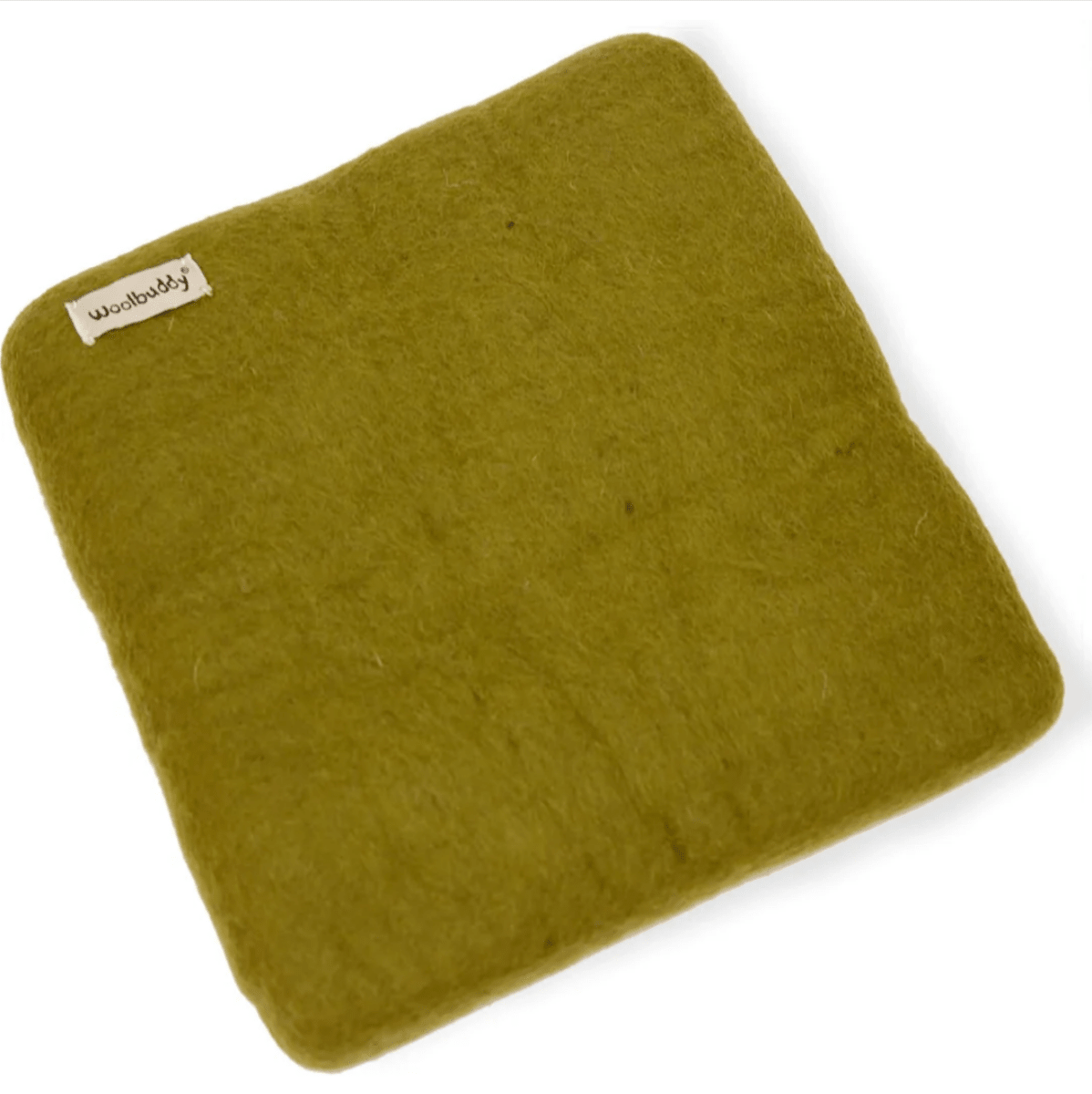The Woolbuddy Needle Felting Mat Large by Woolbuddy is a green, square wool mat with a small branded tag in the corner, displayed on a white background.