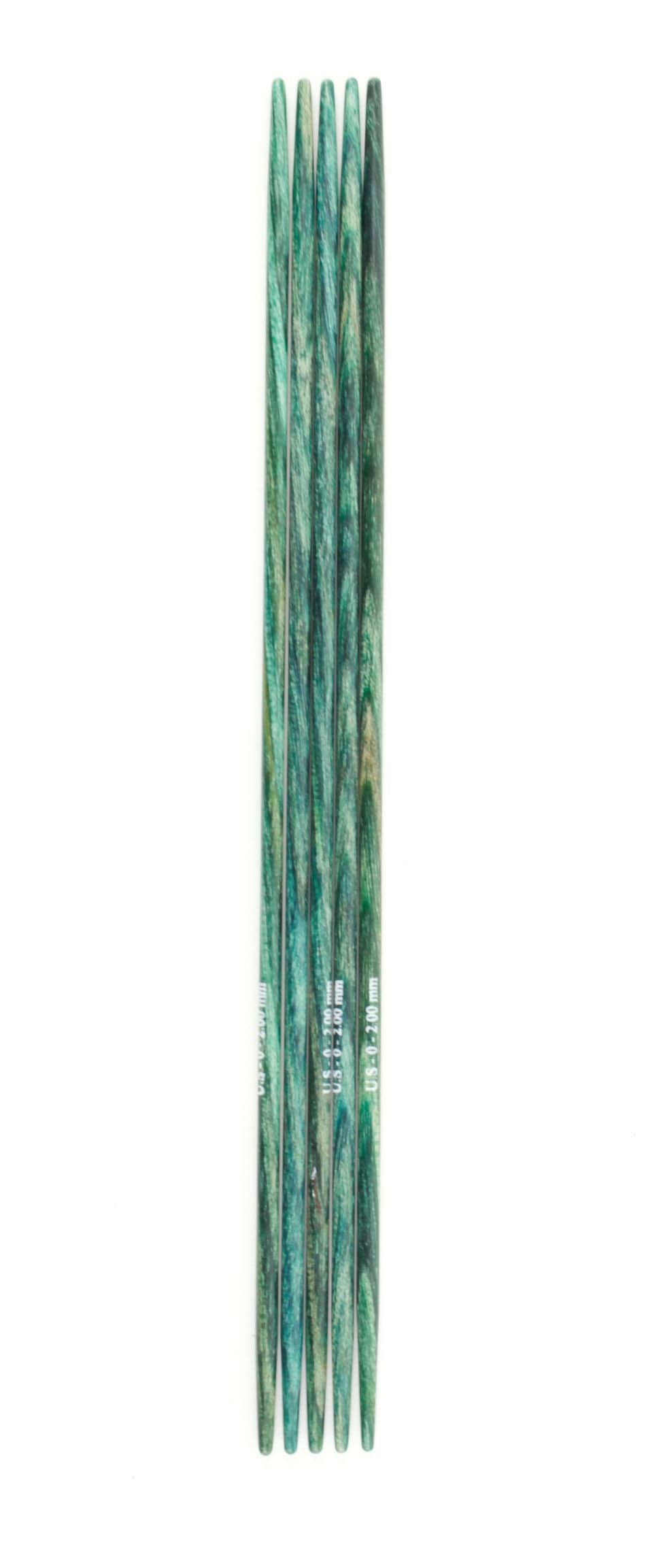 Five green marbled Knit Pro (Knitters Pride) Dreamz Double Point Knitting Needles, 5" by Accessories Unlimited, are arranged side by side on a white background.