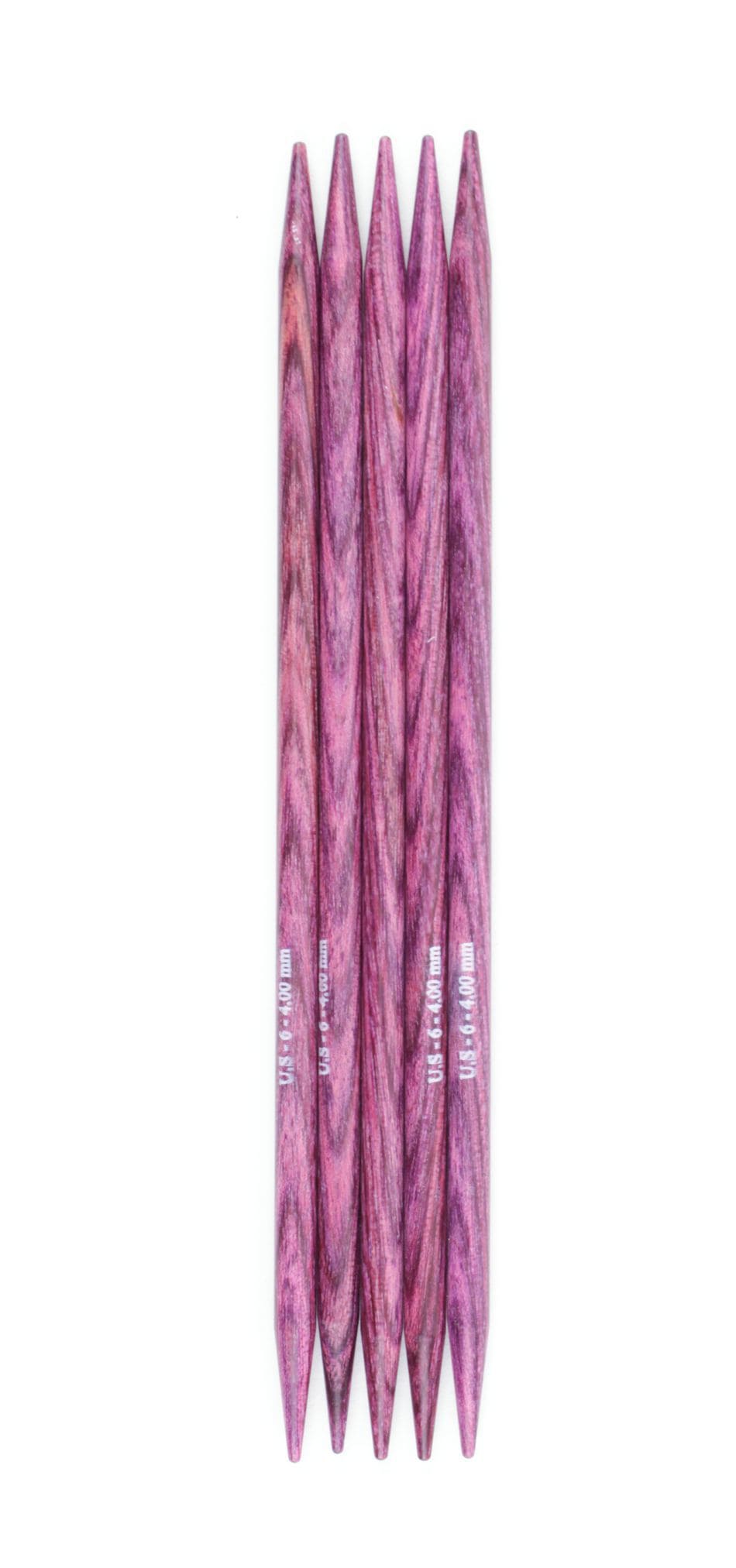 Five Knit Pro (Knitters Pride) Dreamz Double Point Knitting Needles, 5", by Accessories Unlimited, are arranged side by side on a white background.