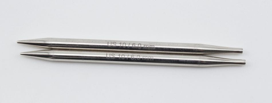 Two Knit Pro (Knitters Pride) Nova Metal Interchangeable Knitting Needles, 5" by Accessories Unlimited, size US 10 / 6.0 mm, are displayed side by side on a white background, highlighting their sleek and polished design.