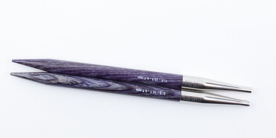 Two Knit Pro (Knitters Pride) Dreamz Interchangeable Knitting Needle Tips by Accessories Unlimited, made of laminated birch with metal connectors, are placed parallel on a white background.