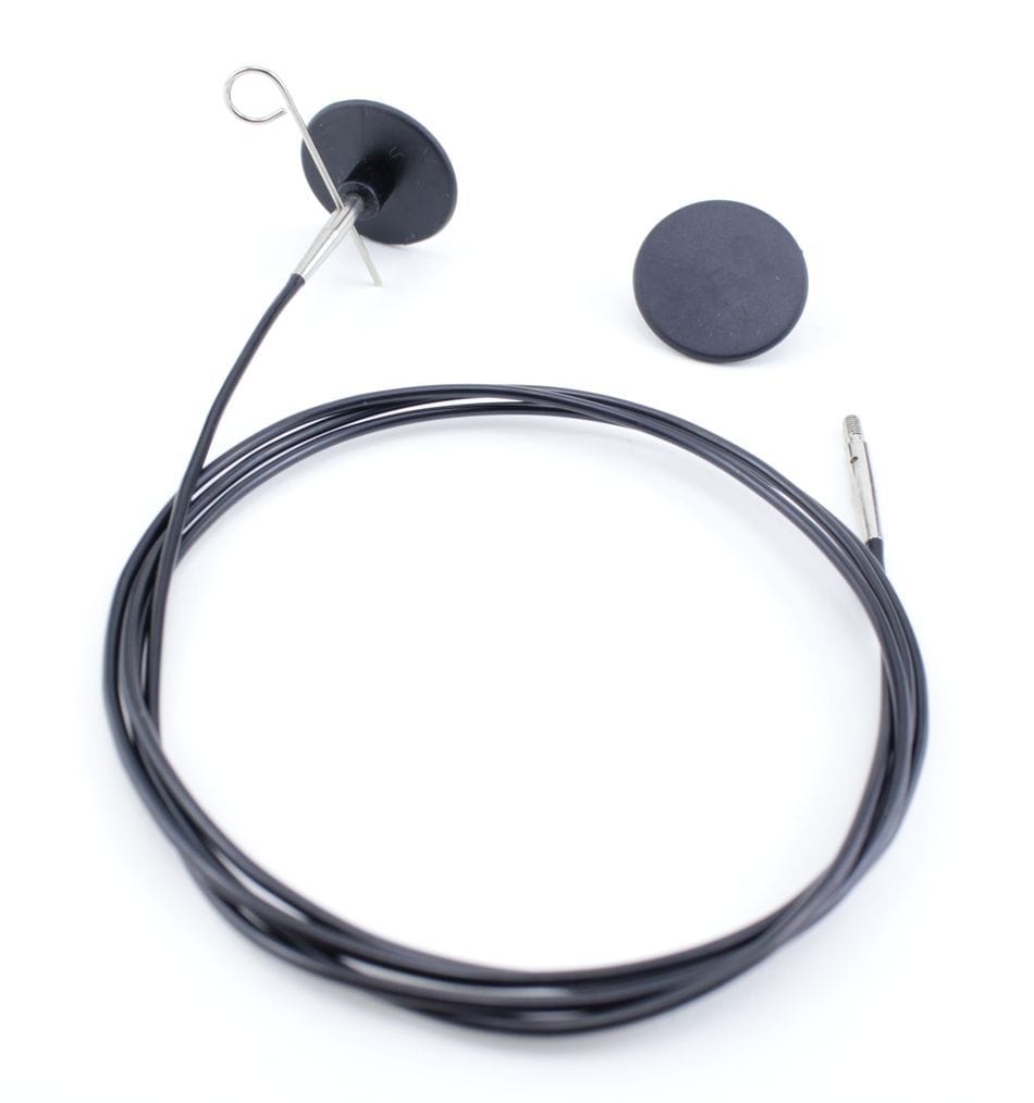 A Knit Pro (Knitters Pride) Interchangeable Circular Needle Cord for Dreamz and Nova by Accessories Unlimited, with a black cord, metal clip, and magnetic disk, is shown on a white background.