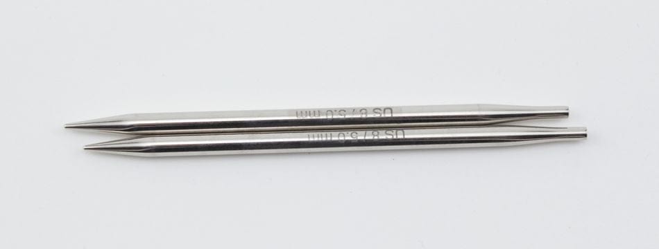 Two identical Accessories Unlimited Knit Pro (Knitters Pride) Nova Metal Interchangeable Knitting Needles, 5", are placed parallel to each other on a white background.