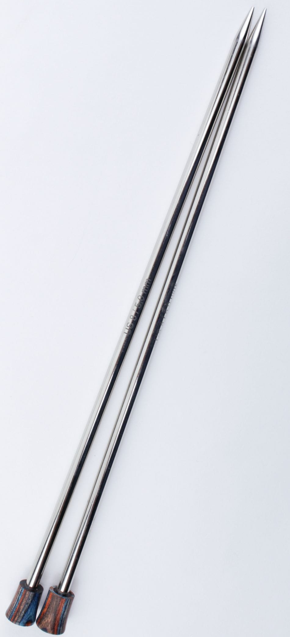 Two Knit Pro Nova Metal Single Point Knitting Needles by Accessories Unlimited, each 10" or 14" long with pointed tips and wooden handles, are placed side by side on a white background.