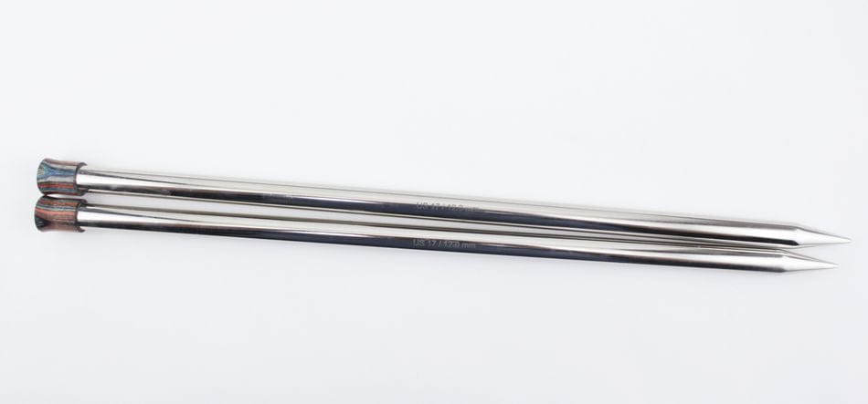 Two Knit Pro (Knitters Pride) Nova Metal Single Point Knitting Needles by Accessories Unlimited, shown side by side on a white background, feature pointed tips and flat, rounded ends. Length options: 10" or 14".