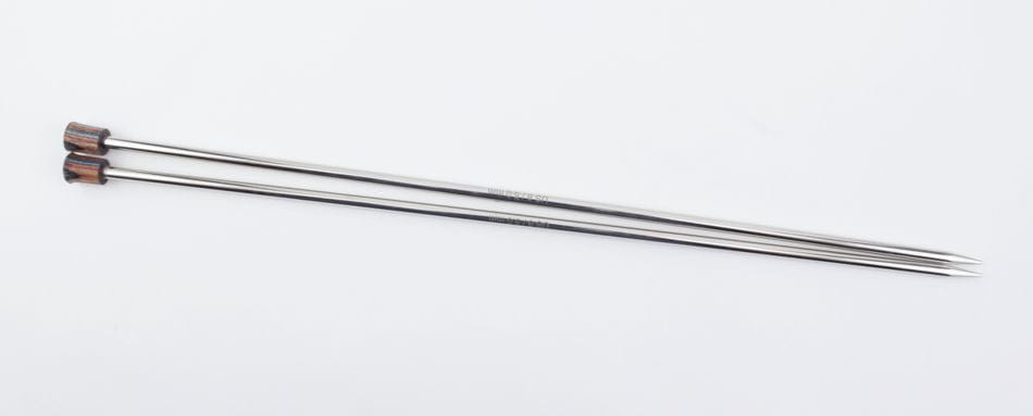 Two Knit Pro (Knitters Pride) Nova Metal Single Point Knitting Needles (10" or 14") by Accessories Unlimited are shown parallel to each other on a white background, featuring pointed metal tips and wooden handles.