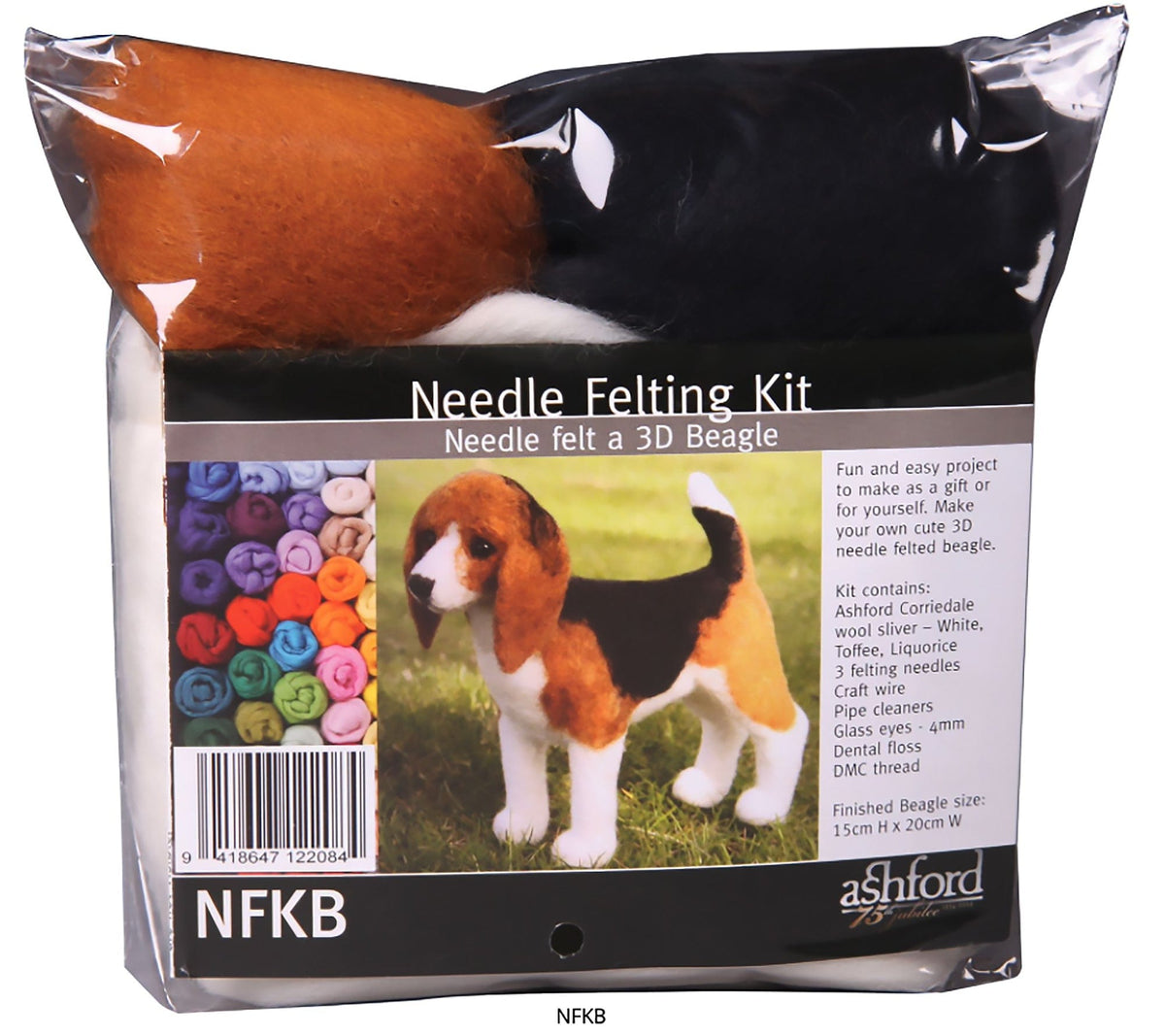 The Ashford Needle Felting Kit by Ashford Handicrafts Limited includes colored wool, instructions, and materials to needle felt a 3D beagle. A photo of the finished project appears on the front—perfect for beginners.