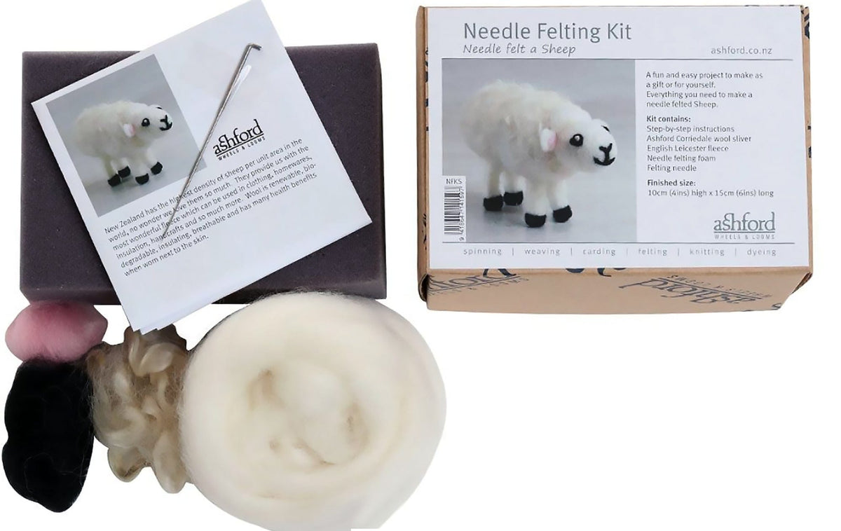 The Ashford Needle Felting Kit by Ashford Handicrafts Limited lets beginners create a sheep with colorful wool roving, felting needle, simple instructions, and a box displaying the finished project and kit details.