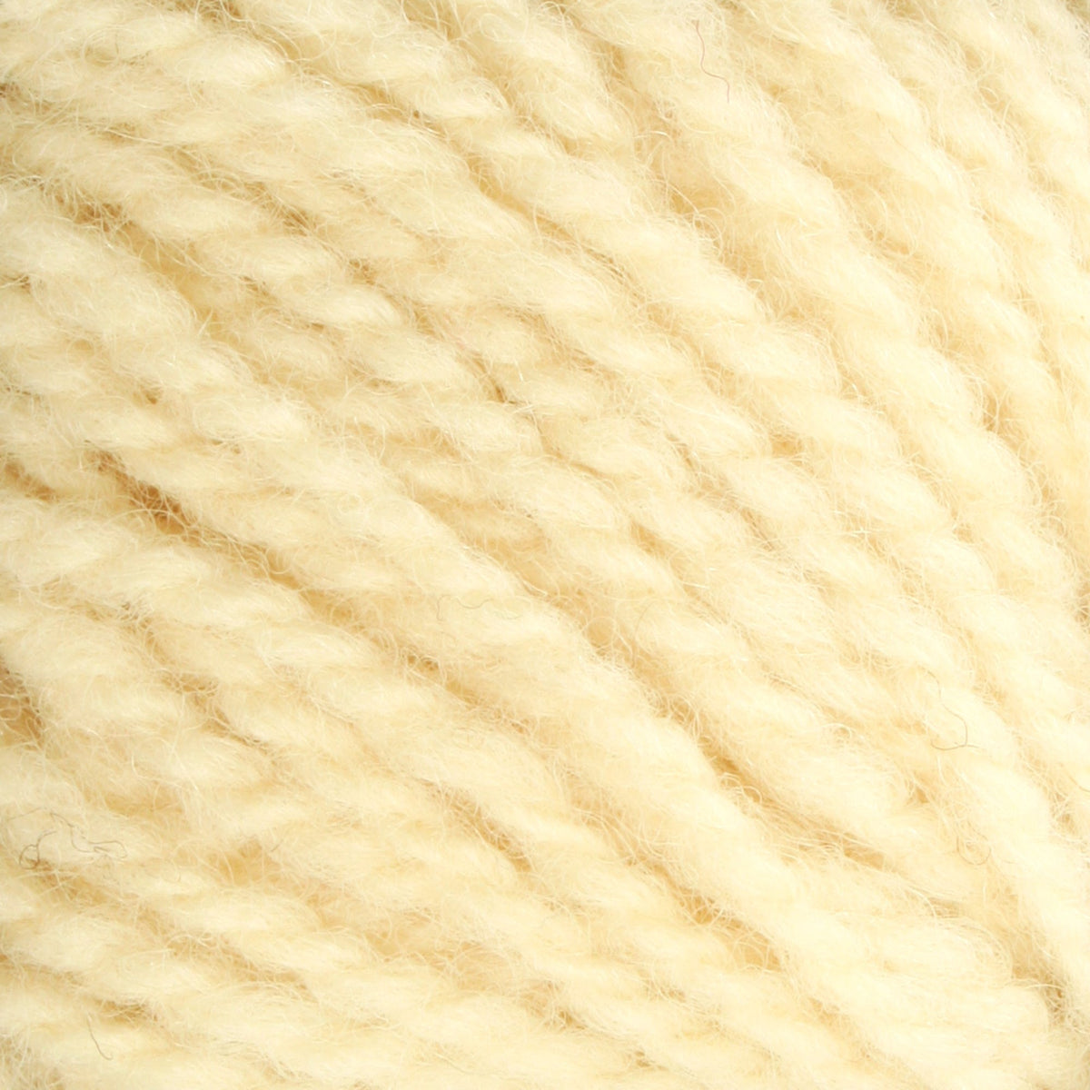 Close-up of Bartlettyarns Maine Wool Yarn (Fisherman 2-Ply) by Bartlettyarns, showing thick, cream-colored strands twisted together with visible texture and a touch of softness and fuzziness.