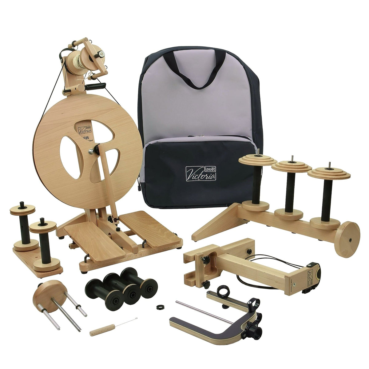 The Louët Victoria Double-Treadle Folding Spinning Wheel, model S95 or S96 by Louet Inc., features multiple spools, an adjustable bobbin brake, and is accompanied by a black and gray carrying bag. The setup is showcased on a plain white background.