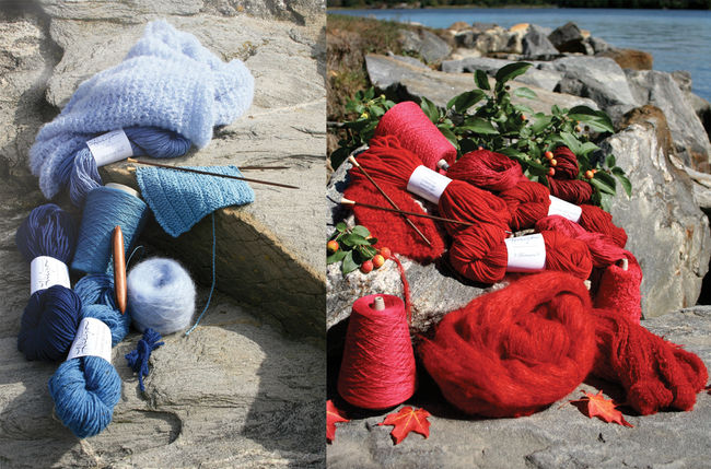 Halcyon Yarn signature yarns on the banks of the Kennebec river, showing reds and blues