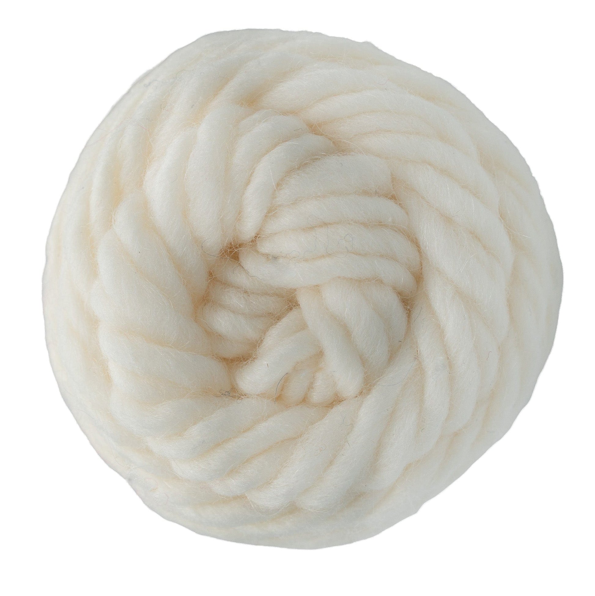 A close-up of a single ball of Brown Sheep Lambs Pride Bulky Yarn, thick and soft in off-white, tightly wound in a circular shape and ideal for knitters or crocheters making cozy Icelandic sweaters, isolated on a white background.