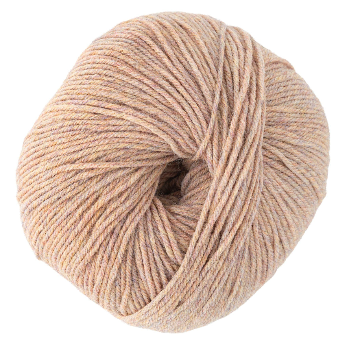 A close-up of a ball of Cascade 220 Superwash Wool Yarn by Cascade Yarns, tightly wound with a visible center hole. This DK weight yarn offers a smooth texture and light beige color with subtle variation.