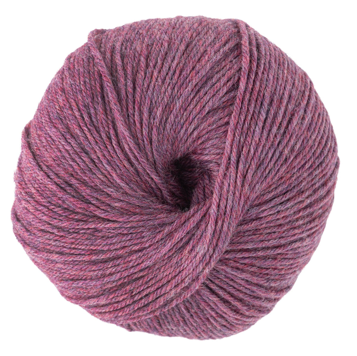 A close-up of a ball of Cascade 220 Superwash Wool Yarn by Cascade Yarns, DK weight, in a heathered pinkish-purple shade, tightly wound and neatly round.