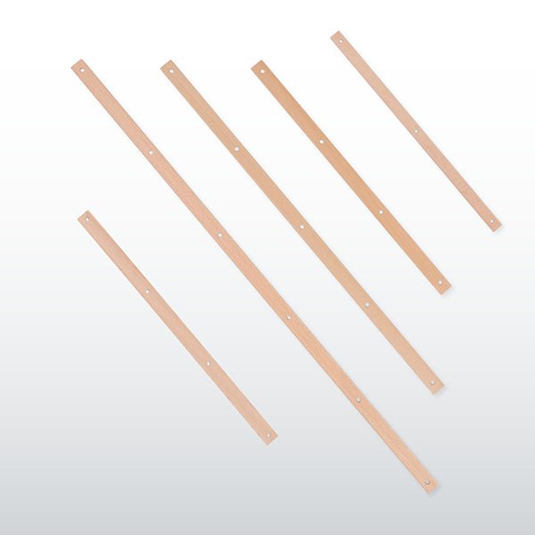 Five Ashford Handicrafts Limited Cross/Warp Sticks for Table Loom, each with 3 evenly spaced holes, are arranged diagonally on a light gray gradient background.
