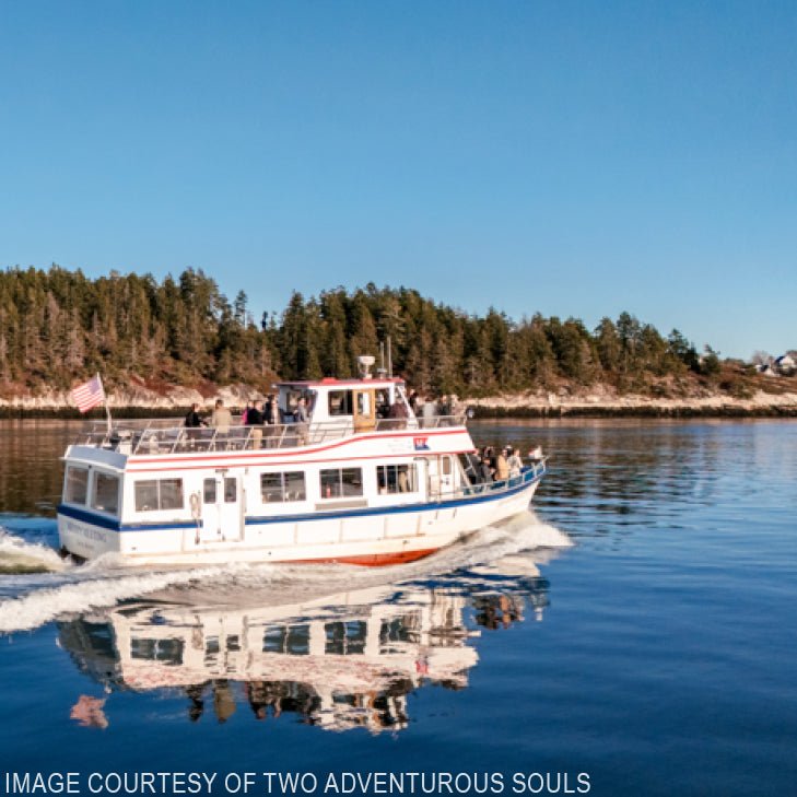 Enjoy peaceful knitting aboard Halcyon Yarn’s Cast Off & Cast On: 3-Hour Six Rivers of Merrymeeting Bay Cruise (September 13), as a white and blue passenger boat with an American flag glides across calm waters reflecting the forested shore.
