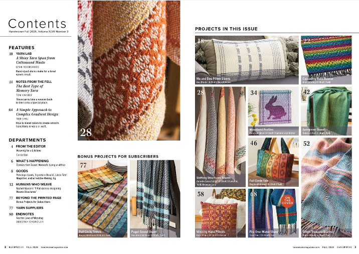 Discover the contents page of Handwoven Magazine, Fall 2026 by Long Thread Media, featuring close-up photos of vibrant knitted and handwoven projects—including blankets, scarves, and pillow covers. The colorful collage highlights inspiring techniques like split-shed weaving, with clear titles, page numbers, descriptive text, and small project images to guide you through the magazine’s creative offerings.