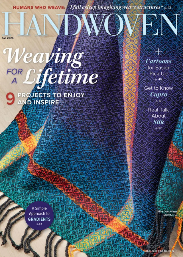 Handwoven Magazine, Fall 2026 by Long Thread Media features a vibrant cover showcasing a beautifully intricate woven textile in shades of blue, purple, and gold. The issue highlights weaving projects—including split-shed techniques—and offers articles on silk, gradients, and cupro.